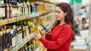 Una joven caucásica escanea el código qr en una botella de aceite usando su teléfono inteligente. Al fondo hay un supermercado. Concepto de tecnologías modernas y compras.