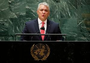 Colombia's President Ivan Duque addresses the 76th Session of the U.N. General Assembly at United Nations headquarters in New York, on Tuesday, Sept. 21, 2021.  (Eduardo Munoz//Pool Photo via AP)