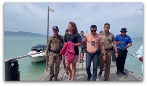 Daniel Sancho Bronchalo, the son of Spanish actor Rodolfo Sancho Aguirre is escorted while assisting Thai police with investigations after he was arrested on charges of murder in the death and dismemberment of his Colombian travelling companion Edwin Arrieta Arteaga on the tourist island of Koh Phangan, Thailand August 7, 2023. REUTERS/Stringer