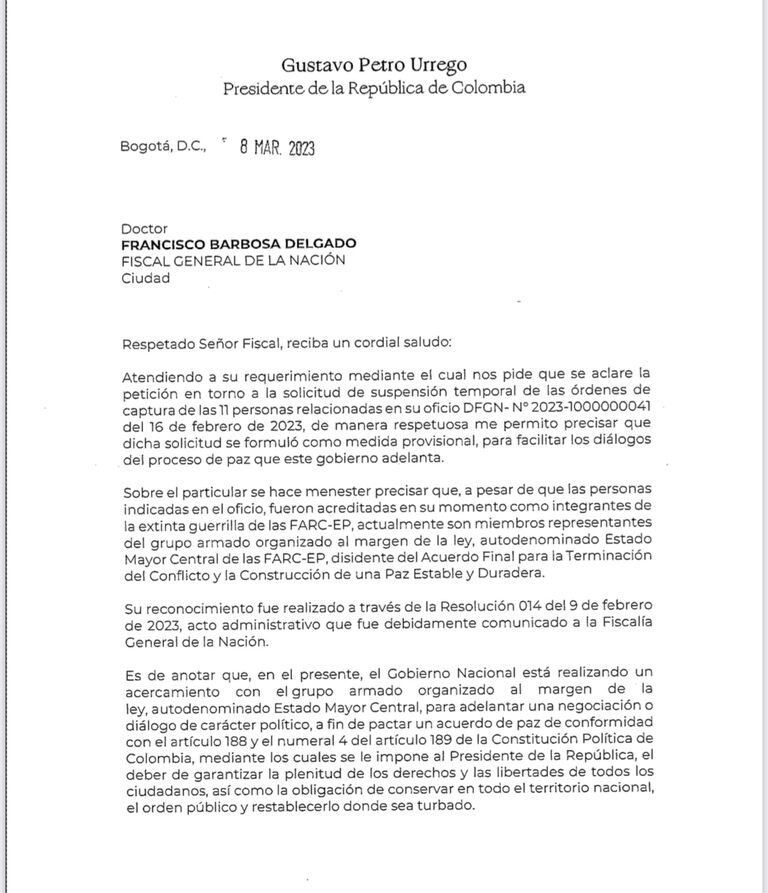 Carta presidente Gustavo Petro al fiscal General Francisco Barbosa