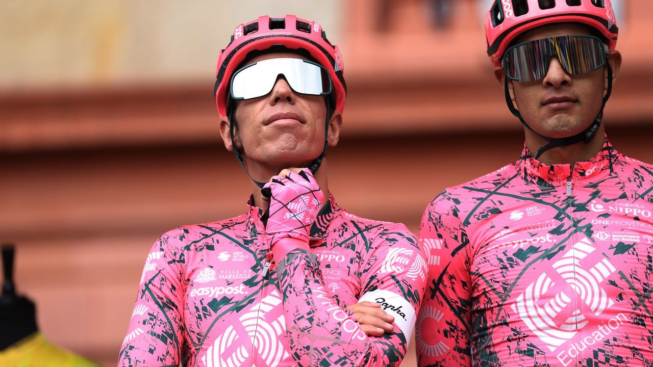 ARRATE, SPAIN - APRIL 09: (L-R) Rigoberto Uran Uran of Colombia and Diego Andres Camargo Pineda of Colombia and Team EF Education - Easypost during the team presentation prior to the 61st Itzulia Basque Country 2022 - Stage 6 a 135,7km stage from Eibar to Arrate / #itzulia / #WorldTour / on April 09, 2022 in Arrate, Spain. (Photo by Gonzalo Arroyo Moreno/Getty Images)