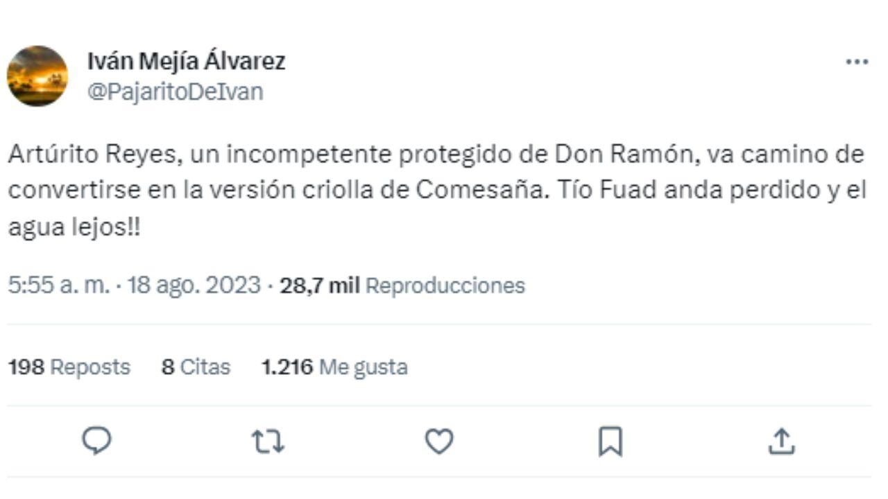 Tweet de Iván Mejía Álvarez sobre la llegada de Arturo Reyes al Junior