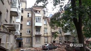 A general view of a damaged building and cars, in the aftermath of a drone strike, in Sumy, Ukraine July 3, 2023 in this screen grab taken from a handout video. National Police of Ukraine/Handout via REUTERS THIS IMAGE HAS BEEN SUPPLIED BY A THIRD PARTY. MANDATORY CREDIT