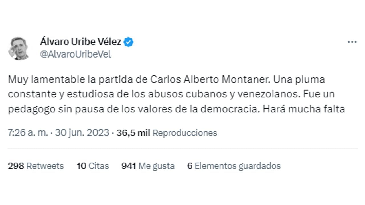 Álvaro Uribe Vélez publicó un mensaje lamentando la muerte del comunicador.