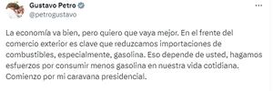 El tuit del presidente Gustavo Petro en el que invita a los colombianos a consumir menos gasolina.