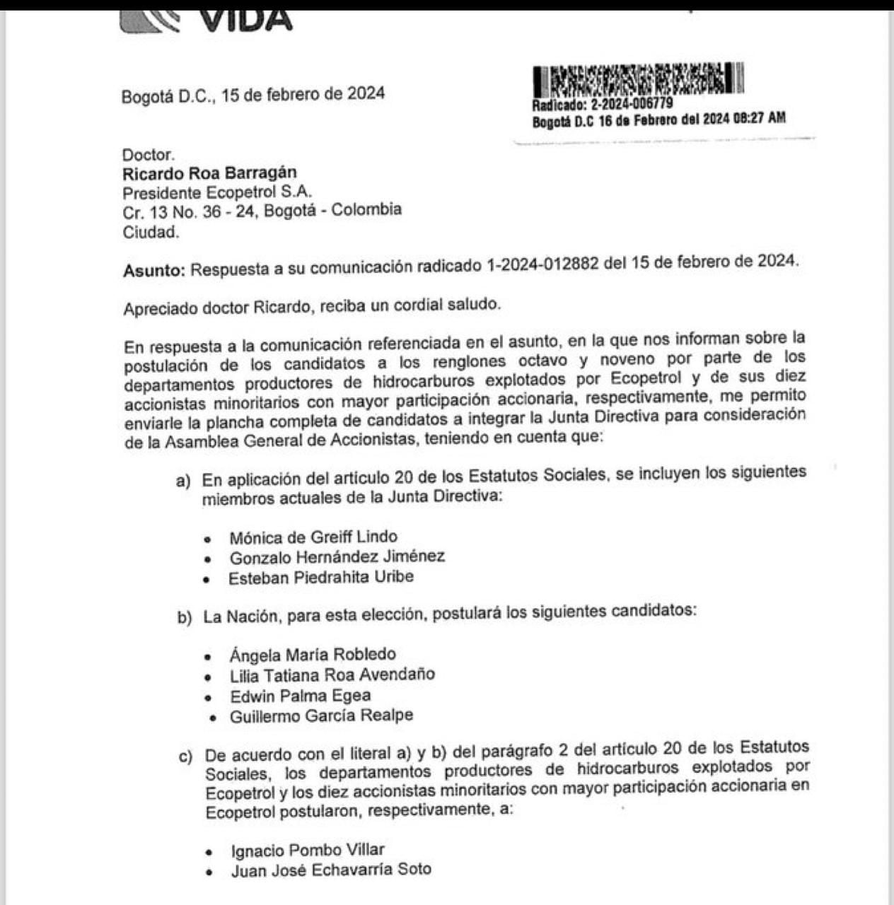 La carta donde el gobierno de Gustavo Petro oficializa los nombres de los nuevos directivos de Ecopetrol.