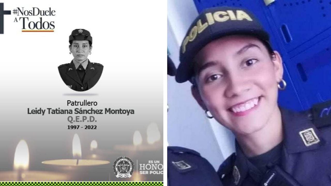 La patrullera Leidy Sánchez Montoya fue asesinada en la vereda Guarigua, de San Pablo, en el sur de Bolívar. Foto: Twitter @directorpolicia y Facebook mujeres verde oliva Colombia. Montaje SEMANA.