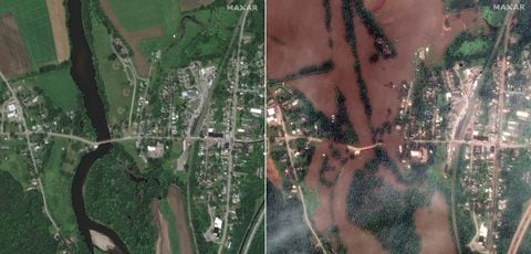Estas imágenes satelitales del folleto de Maxar Technologies muestran río Winooski en Richmond, Vermont, el 27 de junio de 2019 (izquierda) y el 11 de julio de 2023, después de que las fuertes lluvias desencadenaran inundaciones.