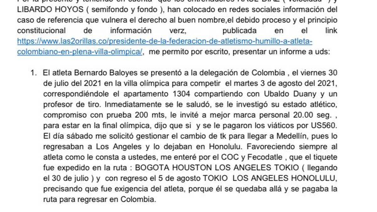 Informe de Atleta Bernardo Baloyes