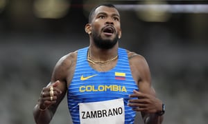 Anthony Zambrano, of Colombia, competes in a semifinal of the men's 400-meters at the 2020 Summer Olympics, Monday, Aug. 2, 2021, in Tokyo. (AP Photo/Petr David Josek)