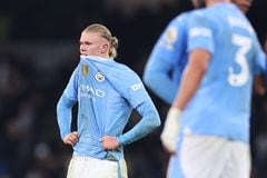 MANCHESTER, ENGLAND - FEBRUARY 17: A dejected Erling Haaland of Manchester City during the Premier League match between Manchester City and Chelsea FC at Etihad Stadium on February 17, 2024 in Manchester, England. (Photo by Robbie Jay Barratt - AMA/Getty Images)