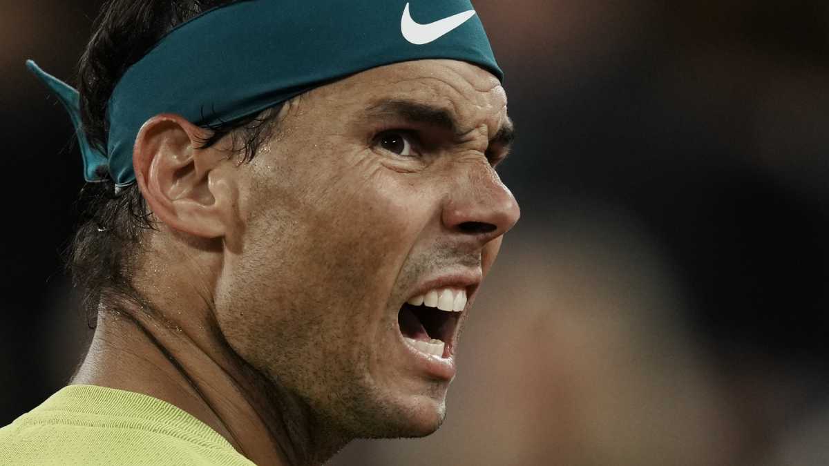 Spain's Rafael Nadal reacts after missing a point as he plays Serbia's Novak Djokovic during their quarterfinal match of the French Open tennis tournament at the Roland Garros stadium Tuesday, May 31, 2022 in Paris. (AP/Thibault Camus)