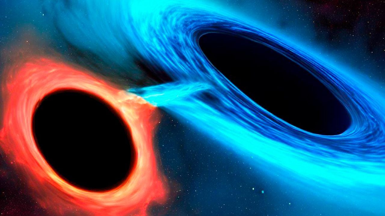 Ilustración generada con inteligencia artificial de una fusión de los agujeros negros.