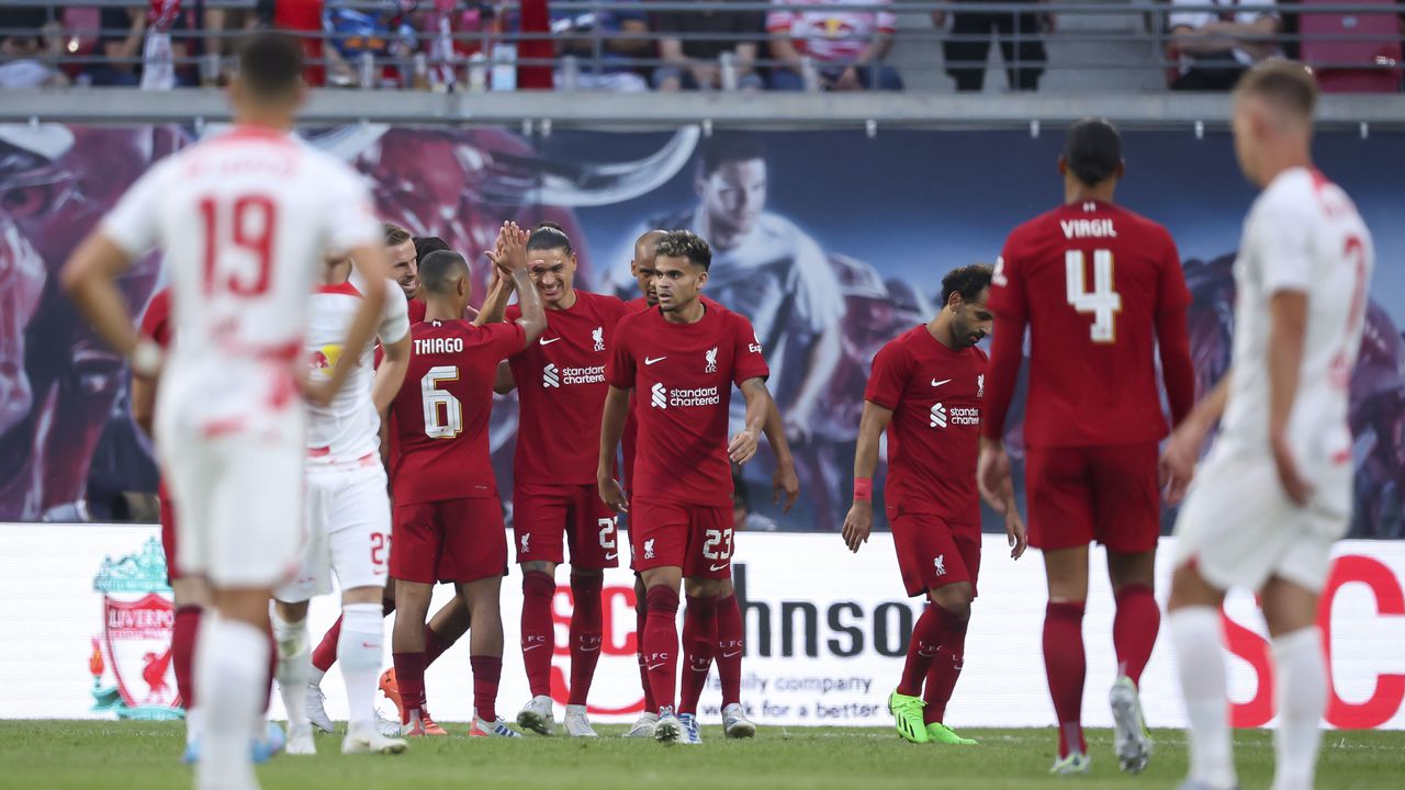 Liverpool's Darwin Nunez, center, celebrates scoring their side's third goal of the game during the friendly match between Liverpool and Leipzig, at the Red Bull Arena in Leipzig, Germany, Thursday, July 21, 2022. (Jan Woitas/dpa via AP)