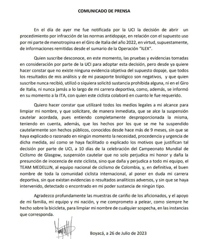 Comunicado de Miguel Ángel López.