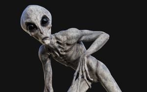 Ilustración 3D de un extraterrestre gris sobre fondo oscuro con trazado de recorte.