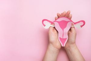 Woman hands holding decorative model uterus on pink background. Top view, copy space