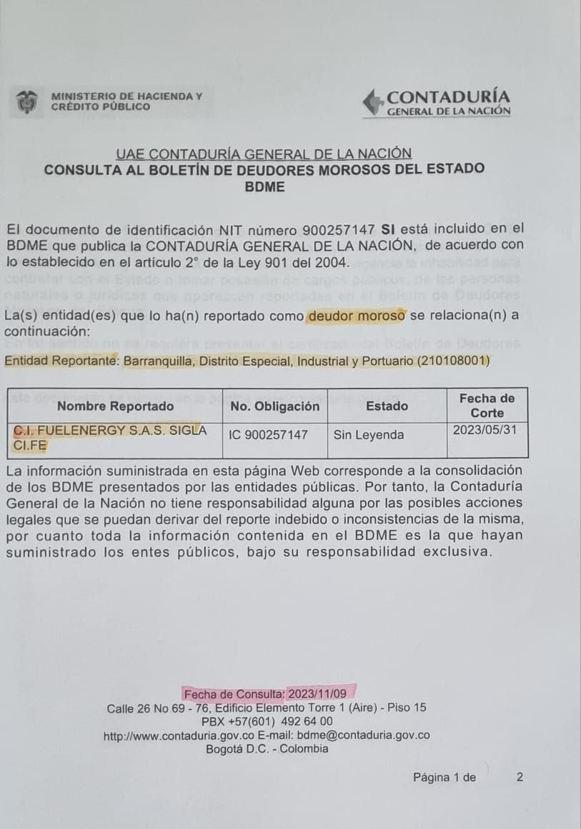 Reporte en el Boletín de Deudores Morosos de la Contaduría.