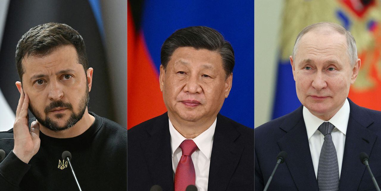 El presidente chino, Xi Jinping, su homólogo ucraniano, Volodimir Zelenski y el mandatario ruso Vladímir Putin.