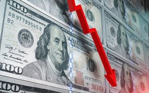 Loss in American dollar. Red arrow graph is showing a drastic fall over American dollar background. Selective focus. Horizontal composition with copy space.