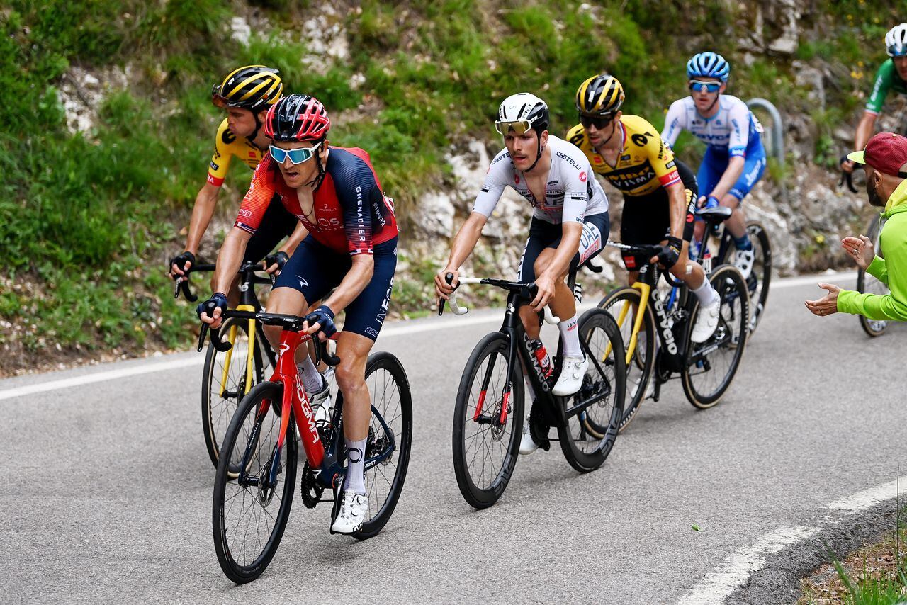 MONTE BONDONE, ITALY - MAY 23: (L-R) Sepp Kuss of The United States and Team Jumbo-Visma, Geraint Thomas of The United Kingdom and Team INEOS Grenadiers, João Almeida of Portugal and UAE Team Emirates - White best young jersey, Primož Roglič of Slovenia and Team Jumbo-Visma and Eddie Dunbar of Ireland and Team Jayco AlUla compete in the breakaway during the 106th Giro d'Italia 2023, Stage 16 a 203km stage from Sabbio Chiese to Monte Bondone 1642m / #UCIWT / on May 23, 2023 in Monte Bondone, Italy. (Photo by Tim de Waele/Getty Images)