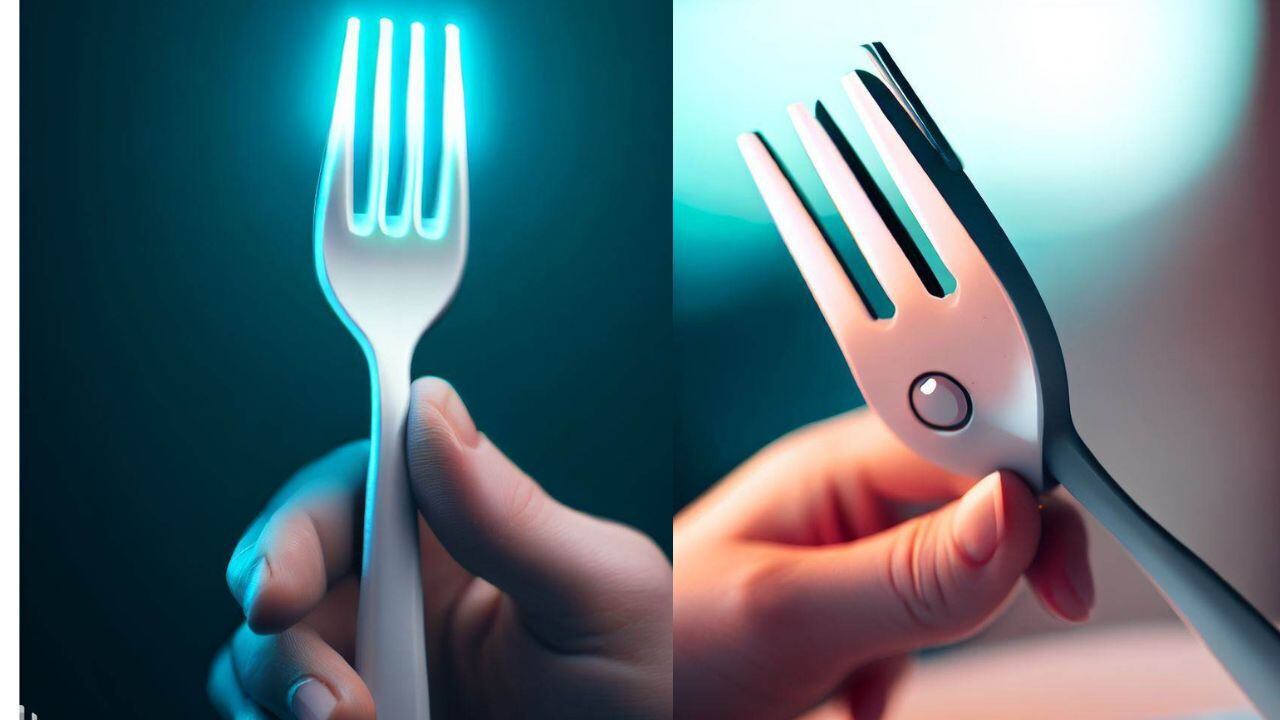 Un tenedor inteligente diseñado para ayudarte a comer más despacio y de manera más saludable, recreado por la IA.