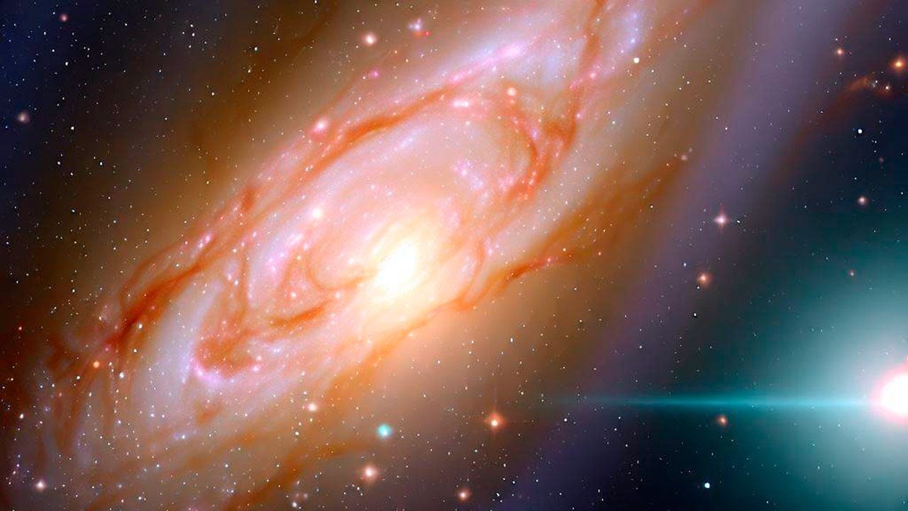 ilustración que representa una galaxia supermasiva en el cosmos.