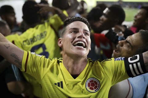 James Rodriguez celebrates Colombia's 2-1 victory over Brazil in a qualifying soccer match for the FIFA World Cup 2026 at the Metropolitano stadium in Barranquilla, Colombia, Thursday, Nov. 16, 2023. (AP Photo/Ivan Valencia)