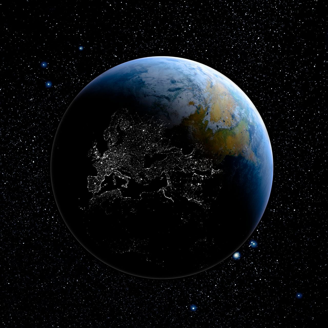 Tierra desde el espacio que muestra el efecto del día en la noche con las luces de la ciudad que se muestran en el lado oscuro