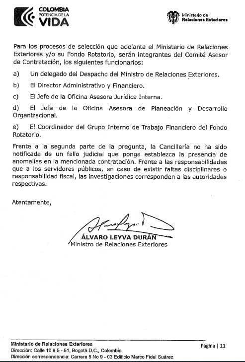 Este fue el documento de la Cancillería firmado por Álvaro Leyva que llegó al Congreso.