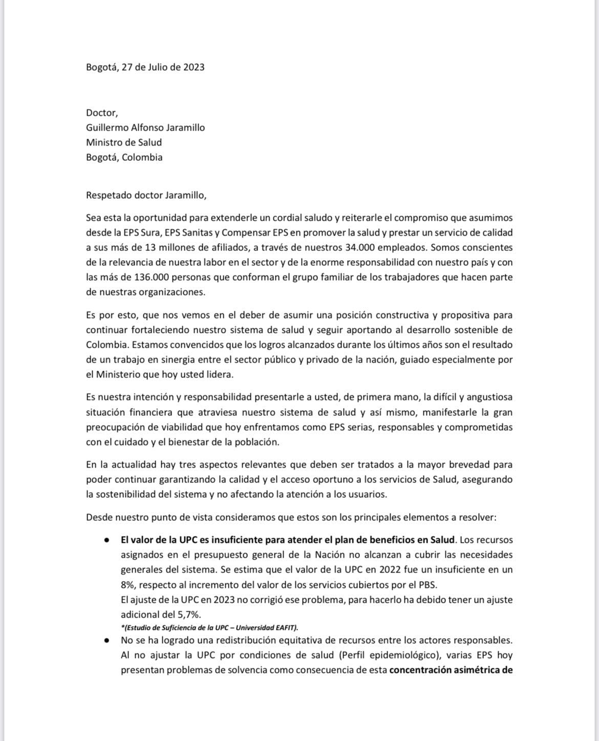 Carta de las EPS al Gobierno (Imagen tomada de @paulabolivar)
