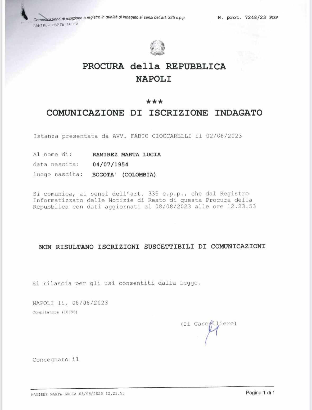 Certificación de la Fiscalía de Italia