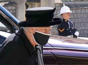 Britain's Queen Elizabeth II arrives ahead of Britain Prince Philip's funeral at Windsor Castle, Windsor, England, Saturday April 17, 2021. Prince Philip died April 9 at the age of 99 after 73 years of marriage to Britain's Queen Elizabeth II. (Jonathan Brady/Pool via AP)