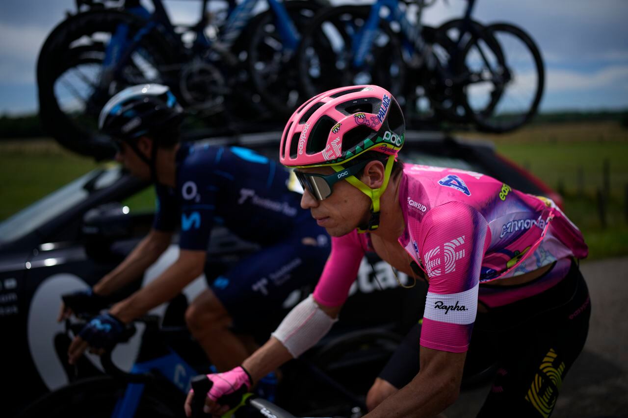 Colombia's Rigoberto Uran rides during the eighth stage of the Tour de France cycling race over 186.5 kilometers (115.9 miles) with start in Dole, France, and finish in Lausanne, Switzerland, Saturday, July 9, 2022. (AP Photo/Daniel Cole)