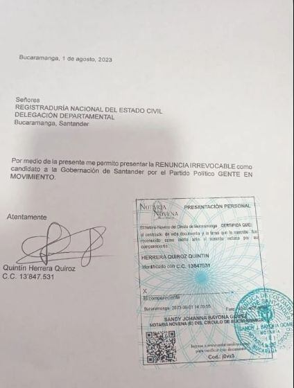 Carta de renuncia de Quintín Herrera.