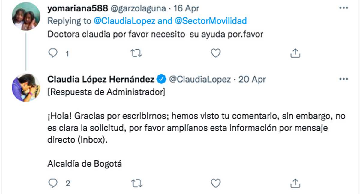 Respuesta automatizada de Claudia López.