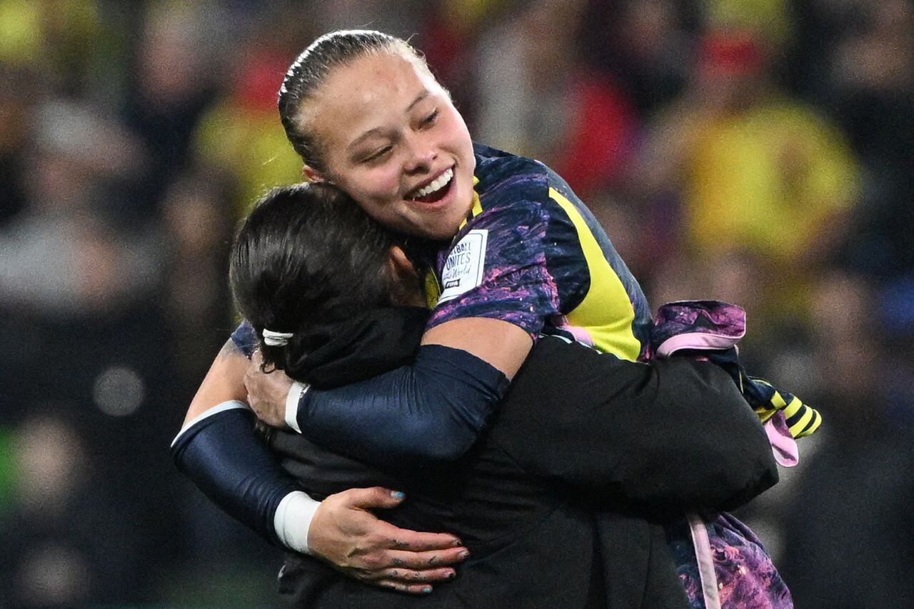 Colombia's defender #15 Ana Guzman celebrates at the end of the Australia and New Zealand 2023 Women's World Cup round of 16 football match between Jamaica and Colombia at Melbourne Rectangular Stadium, also known as AAMI Park, in Melbourne on August 8, 2023. (Photo by WILLIAM WEST / AFP)