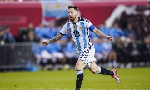FILE - Argentina's player Lionel Messi celebrates his goal during the second half of an international friendly soccer match against Jamaica on Tuesday, Sept. 27, 2022, in Harrison, N.J. (AP/Eduardo Munoz Alvarez, File)