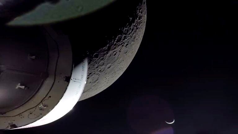 NASA's Orion spacecraft beamed back close-up photos of the moon and Earth on Monday, Dec. 5, 2022. The crew capsule and its test dummies will aim for a Pacific Ocean splashdown on Sunday, Dec. 11, 2022, off the coast of San Diego after a three-week test flight, setting the stage for astronauts on the next flight in a couple years. (NASA via AP)