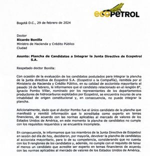 Carta a MinHacienda, por la plancha presentado por el gobierno, para integrar la junta directiva de Ecopetrol