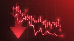 Negocio de gráfico de valores de crisis financiera en el fondo del mercado económico con diagrama descendente gráfico de finanzas de intercambio de dinero o pérdida de análisis de comercio de inversión global recesión y riesgo de caída de precios de venta.