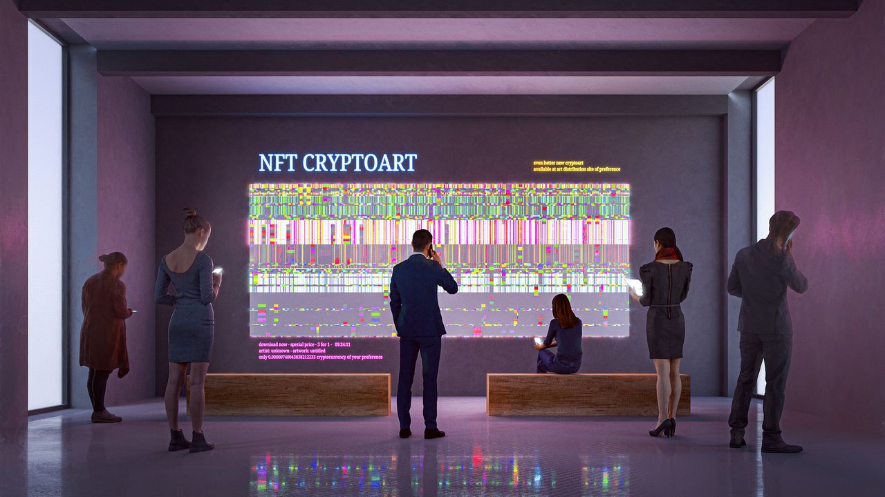 Exhibición NFT CryptoArt en una galería de arte con personas que usan teléfonos inteligentes y tabletas digitales. Imagen totalmente generada en 3D.