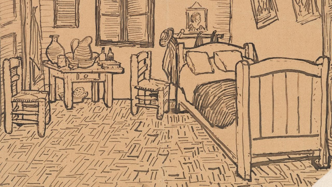 Boceto de El dormitorio en Arlés de Vincent van Gogh (octubre de 1888).