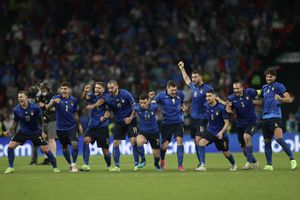 Italy players react during a penalty shootout after extra time during of the Euro 2020 soccer championship final match between England and Italy at Wembley stadium in London, Sunday, July 11, 2021. (Carl Recine/Pool Photo via AP)