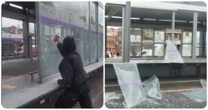 Mujeres feministas vandalizaron estación de TransMilenio en Bogotá en medio de protestas.