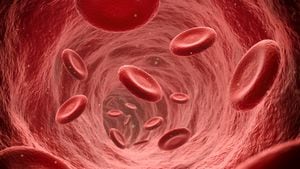 Endoscopic view of flowing red blood cells in a vein, illustration render