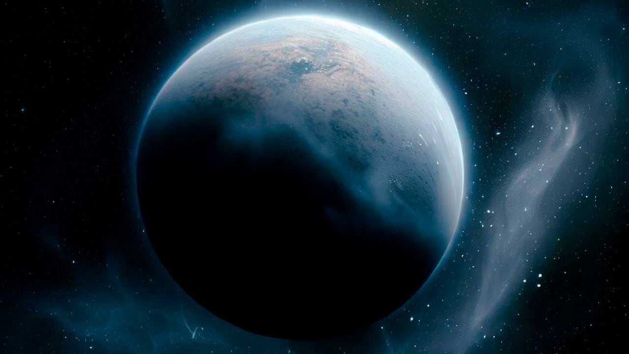 Ilustración de un exoplaneta con vapor de agua en su atmosfera a causa de la radiación de su estrella.