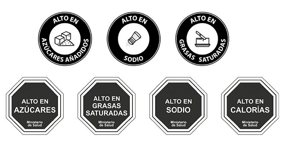 Mientras que el Gobierno propuso estos sellos circulares, en Chile utilizan formas octagonales para advertir a los consumidores.