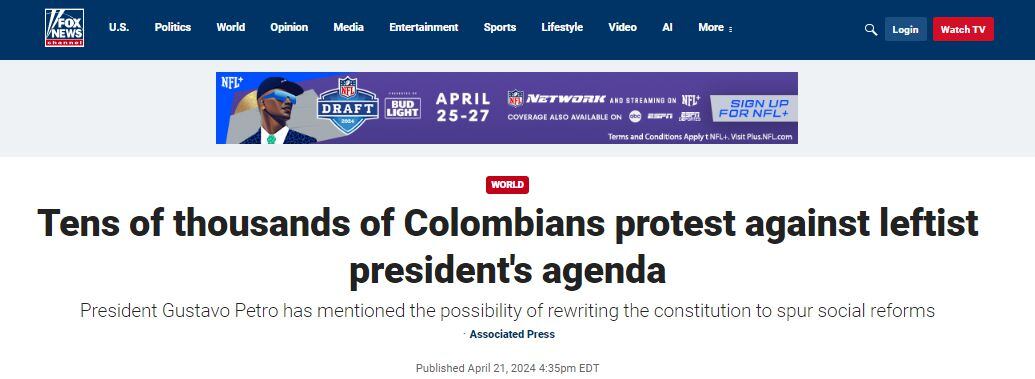Fox News también registró las manifestaciones en Colombia