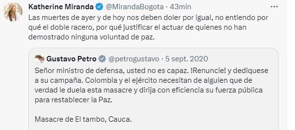 Katherine Miranda critica al presidente Petro.